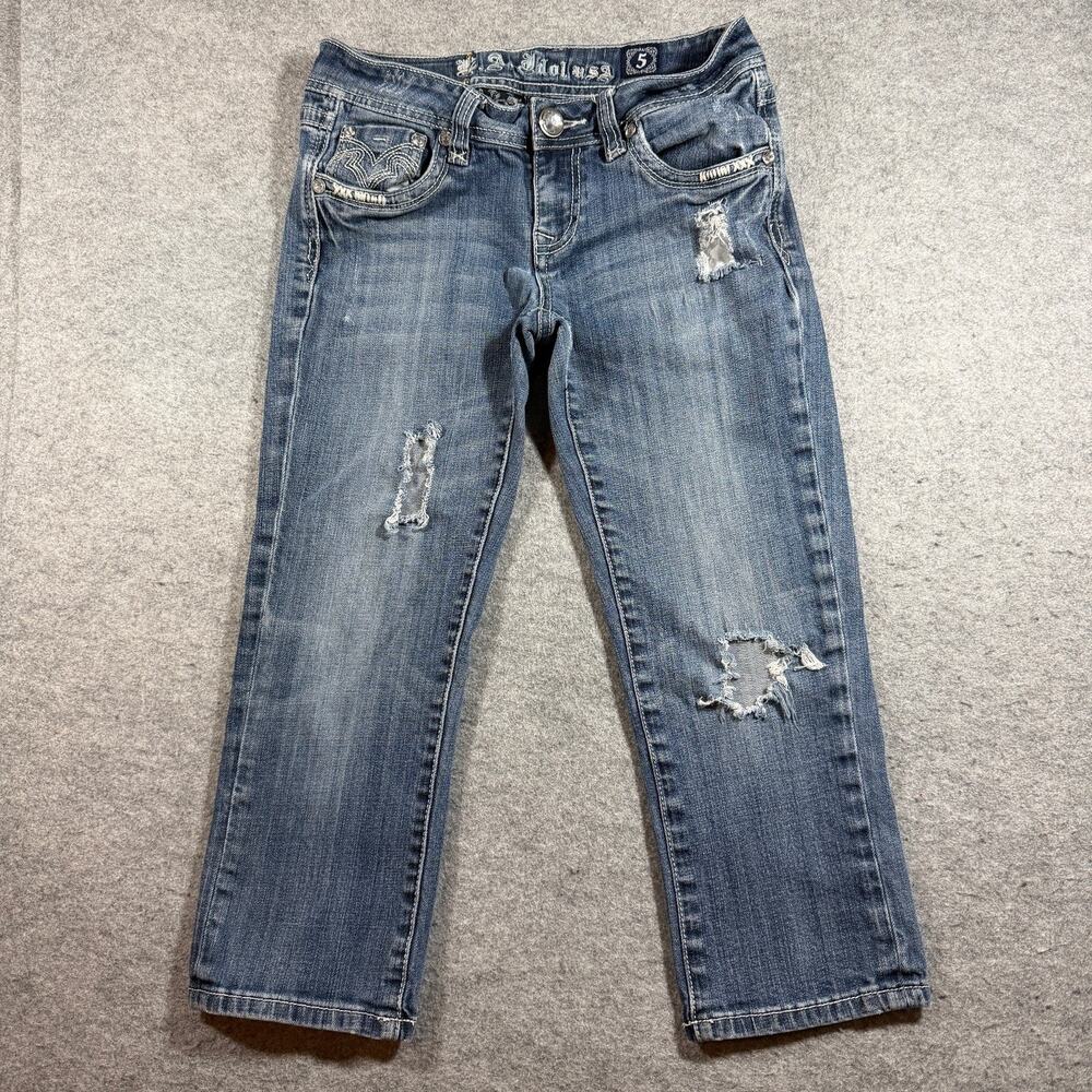 Y2K L.A. Idol USA Jeans Womens 5 Blue Bootcut Distressed Rhinestone Embellished